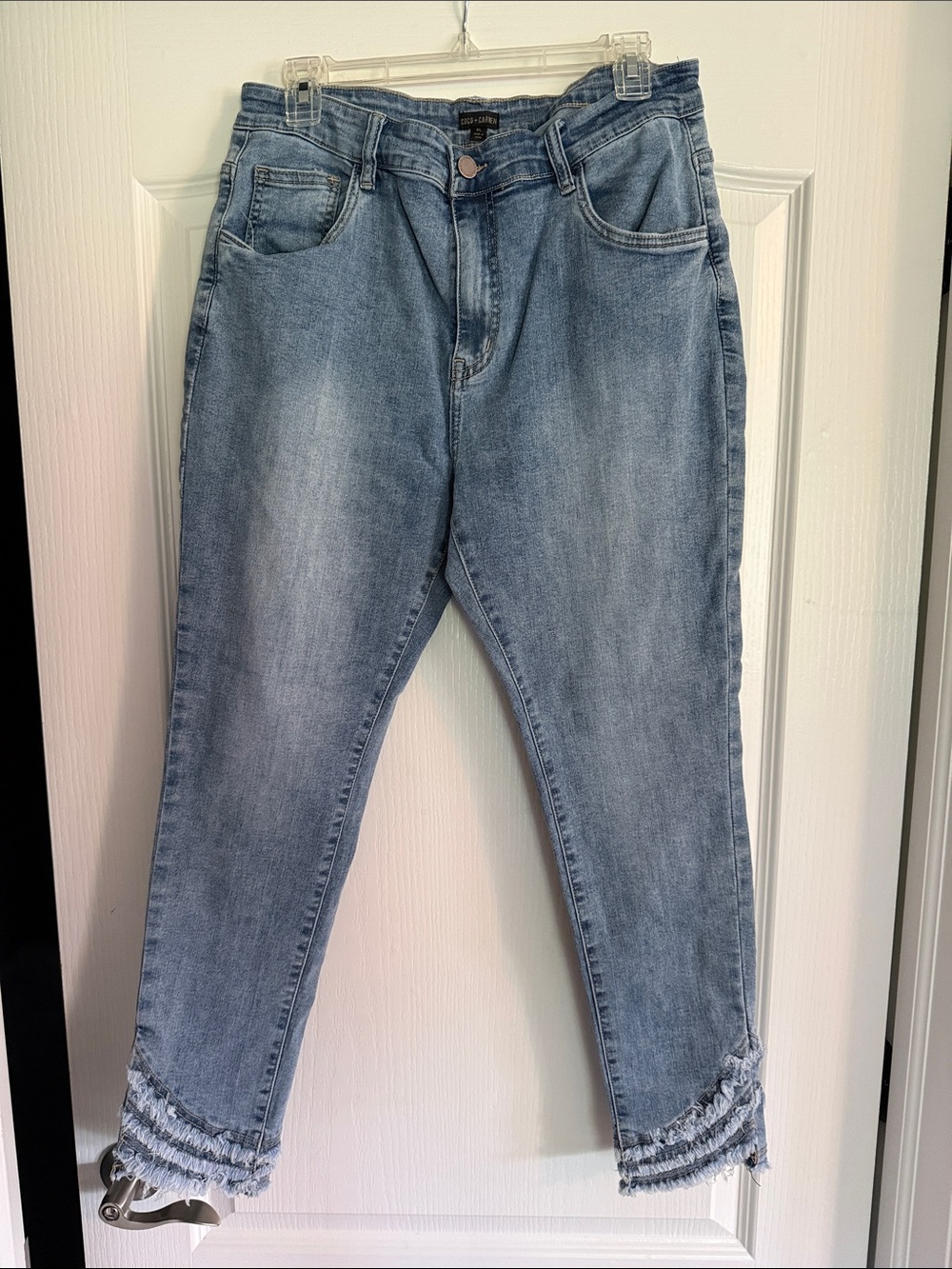Coco + Carmen Light Blue Cropped Jeans with Frayed Ankles